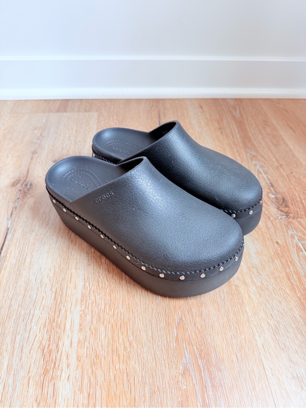 CROCS Black Platform Clog Mules with Silver Stud Trim